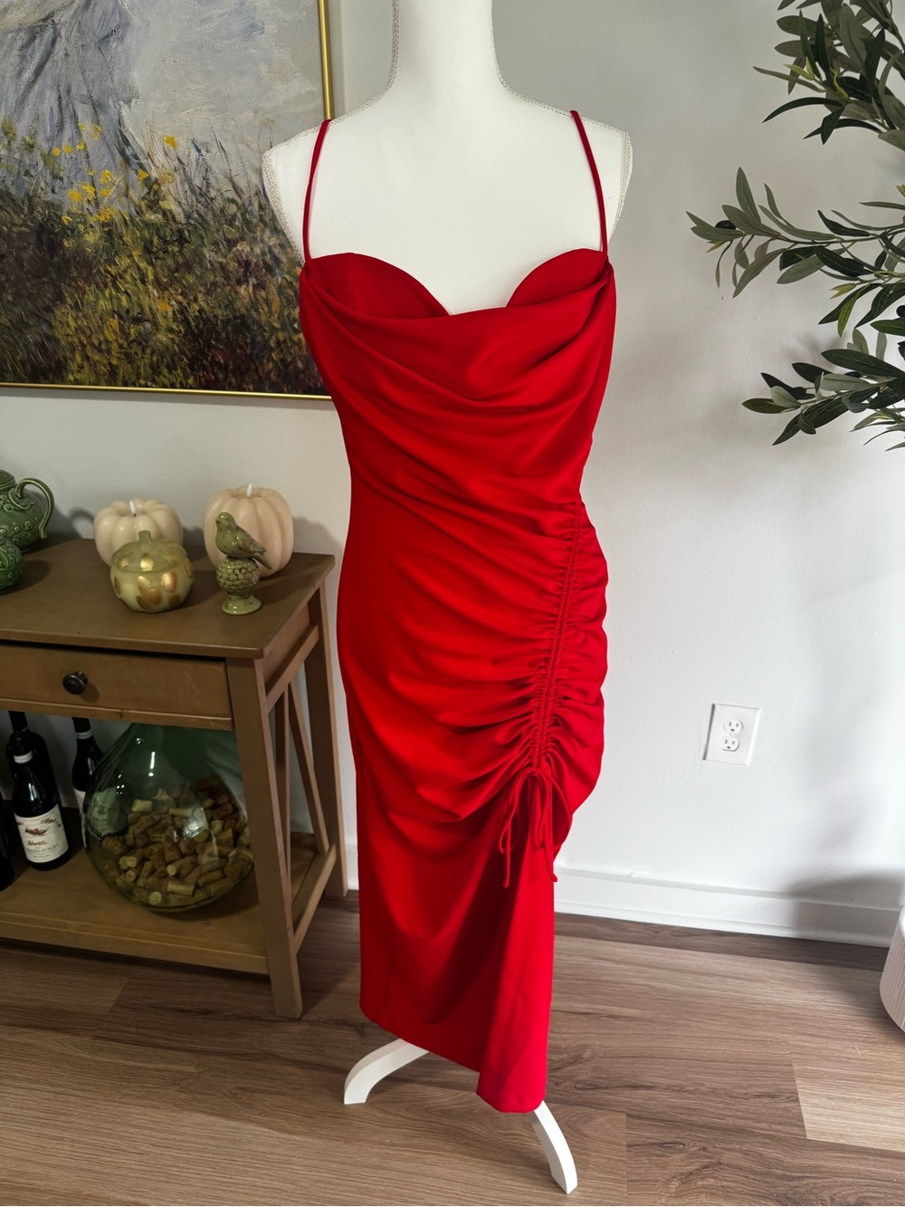 Zara Red Draped Midi Slip Dress with Side Ruching